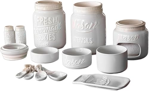 Farmhouse Canisters Sets for the Kitchen - Mason Jar Ceramic Kitchen Utensil Holder, Spoon Rest, Cute Cookie Jar, Salt & Pepper Shaker Sets, Sponge Holder, Measuring Cups & Spoons (White,17-Pc Bundle)