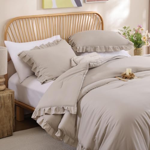 Image of JANZAA Full Size Comforter Ruffled Oatmeal Soft Vintage Farmhouse Bed Comforter Set Shabby Fluffy 3PCS Bedding (1 Comforter Set and 2 Pillowcases)
