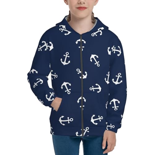 Nautical Themed Simple Anchors Kids Pullover Hoodies Boys Zip Up Sweatshirts Girls Athletic Clothes with Pocket3