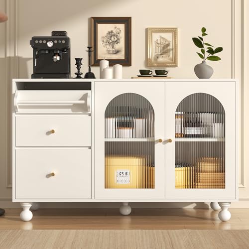 Merax Buffetschrank Weiss, Sideboard 120cm breit, Küchenbuffet mit 2 Glastüren 3 Schublade und Handtuchhalter, für Küche Esszimmer Wohnzimmer, Weiß, 120x40x75,5 cm