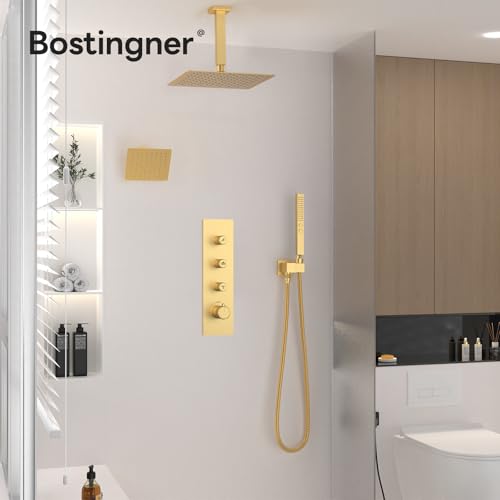Image of Thermostatic Dual Shower System Brushed Gold,Push Button Diverter Rainfall Shower Faucet Set with 2 in 1 Handheld Spray,12'' Ceiling Mount and 6'' Wall Mount Rainfall Shower System