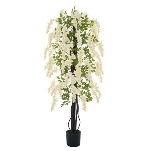 Outsunny Planta Artificial Falsa Glicinia Blanca con Maceta para Interior y Exterior, Blanco y Verde Ф24 x 165cm