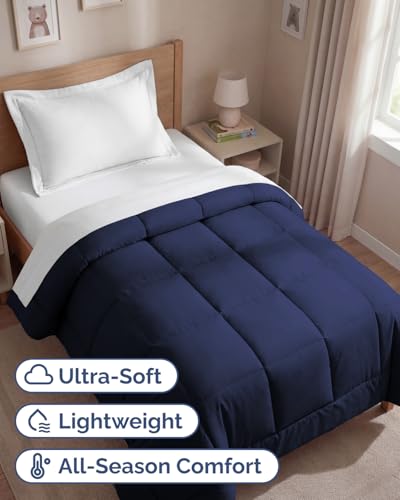 Image of Twin Size, Navy Blue Alternative Down Comforter - Warm, Lightweight & Breathable Hotel Quality Bedding Set for Men, Women, Kids & Teens - All Season Oversized Cooling Microfiber Duvet Insert Comforter