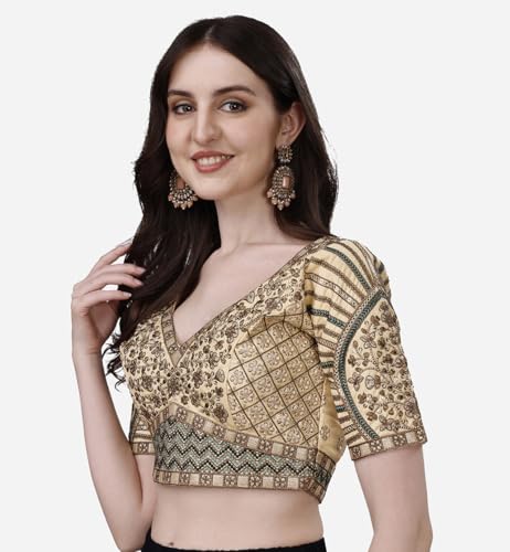 Image of Pujia Mills Mills Women's Fancy Readymade Heavy Coding Embroidary Worked Half Sleeve Multicolor Saree Blouse(Mushroom)