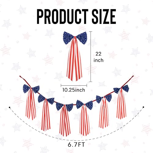 Image of 4th of July Decorations - 6.7 FT Patriotic Bow Garland Banner | Memorial Day 250th Anniversary Red White Blue Independence Day Party Decorations for Home Yard Porch Indoor Outdoor
