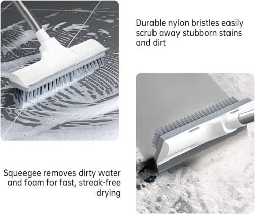 Image of Premium Heavy-Duty Floor Scrub Brush with Squeegee - Stainless Steel Handle & Nylon Bristles for Tile, Bathroom, and Hard Surface Cleaning
