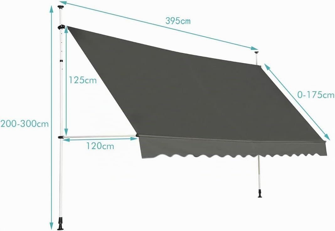 RELAX4LIFE Store Banne Manuel sans Perçage, Auvent Balcon Rétractable avec Manivelle, Tissu Oxford Anti-UV Imperméable, Hauteur Réglable 2-3 M, Store Banne pour Porte Fenêtre (Gris, 400 X 125 cm)