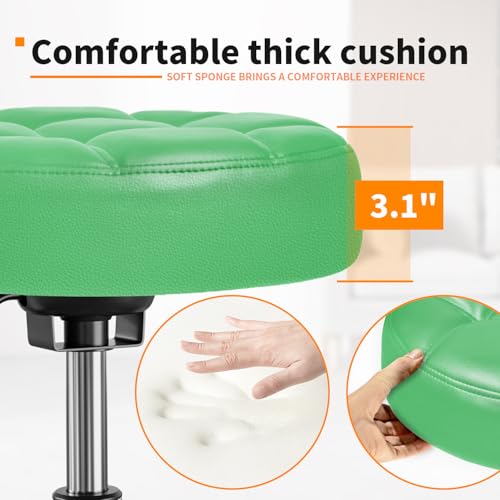 Image of Rolling Stool PU Leather Round - Ultra Soft Padded Seat Cushion Stool with Wheels with Footrest, Weight Capacity 300lb,Adjustable Height Stool for Tattoo Massage Salon Medical Spa Center (Green)