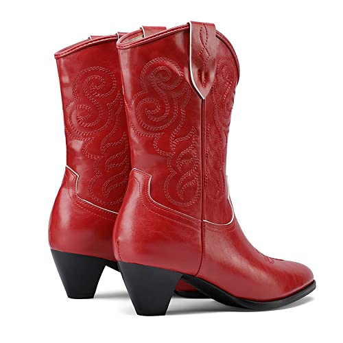 Image of Womens Embroidered Cowgirl Boots Pull On Cowboy Boots for Women Floral Low Chunky Heel Western Boots