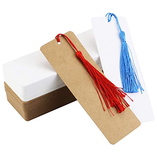 Wpxmer 120 Pcs Kraft Paper Blank Cardstock Bookmarks, Paper Bookmarks With 100 Pieces Colorful Tassels For Diy Classroom Projects And Gifts Tags #TOP2