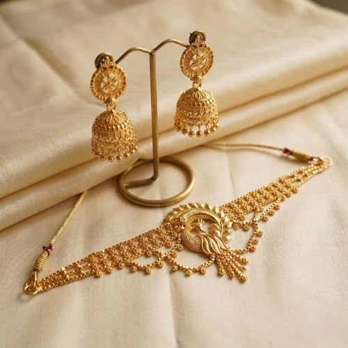 Image of Gold Plated Bridal Choker Necklace Set with Jumka Earring for Women with Earrings