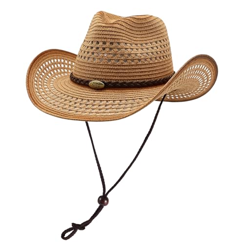 Image of Straw Cowgirl Hat for Women Cowboy Hats for Men Wide Brim Sun Hat Shapeable Western Hat Beach Hat