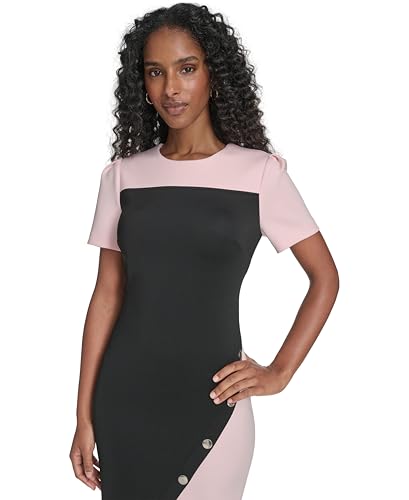 Image of Tommy Hilfiger Women's Short Sleeve Jewel Neck Colorblock Studded Asymmetrical Hem Crepe Mini Dress