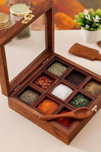 Image of THEHEARTWILL Sheesham Wooden Spice Box with 2 Spoons | Wooden Masala Box for Kitchen with Removable Partitions | Spice Box Wooden Namak Dani | Wood Masala Dabba Dani Container, Brown. (Masala dabba)