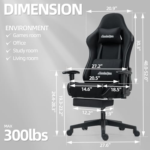Mondschein Gaming Chair with Pocket Spring, Fabric Massage Office Chair High Back Ergonomic Reclining Desk Racing Game PC Computer Chair with Footrest, Adjustable Armrest Headrest (Black) 606 の商品画像 2