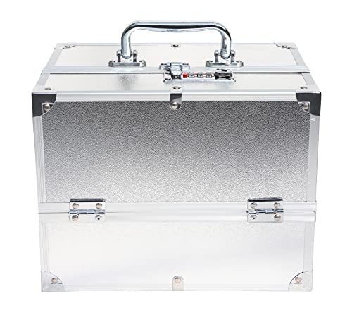 Image of Adson Professional Beauty Make Up Cosmetic Vanity Box /Case 4 Trays with Mirror (Metallic Silver)