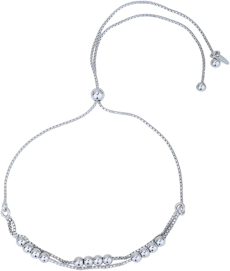 Vanbelle Sterling Silver Jewelry - Rhodium Plated with 925 Stamp - Double Layered Beaded Chain Adjustable Bracelet - Elegant Handcrafted for Women