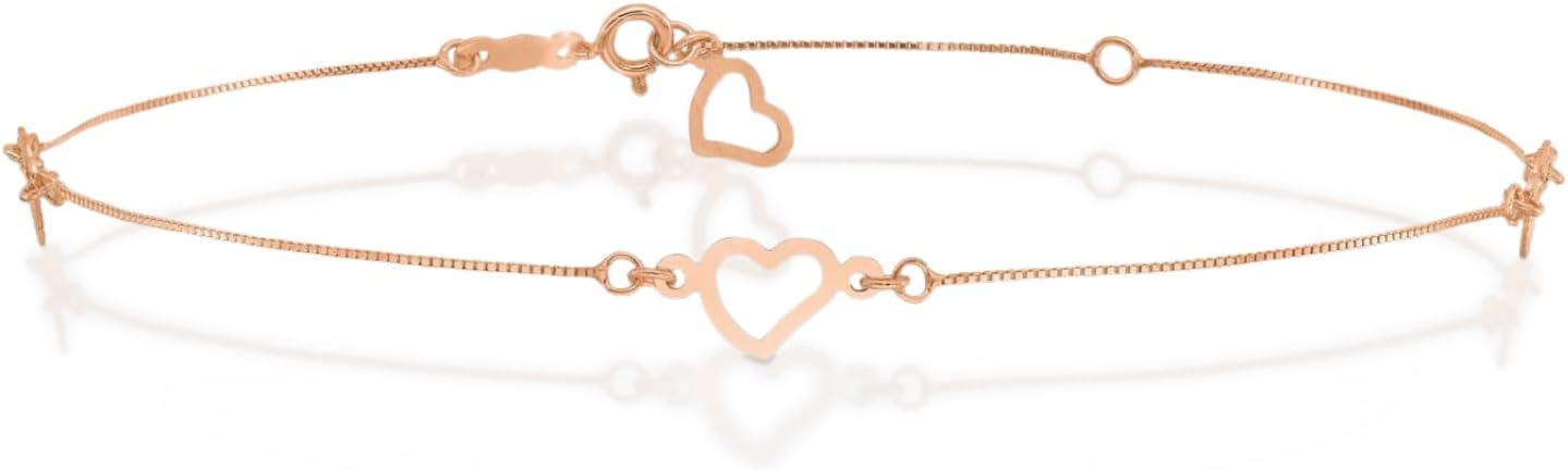 IceCarats 14K Solid Rose Gold 1mm Dainty Box Chain Heart Bracelet Anklet 9 Plus 1 inch Diamond Cut For Her