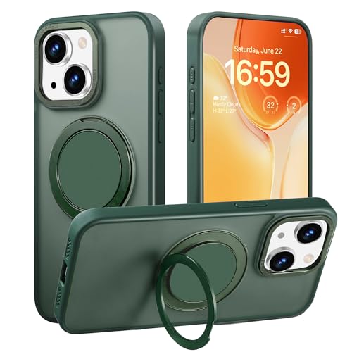 【Magsafe対応・スタンド付き】Mcoifull iPhone14 ケース iPhone13 ケース マグネット搭載 ワイヤレス充電 耐衝撃 マット感 半透明 指紋防止 アジャスタブルスタンド アイフォン14 ケース アイフォン13 ケース ダークグリーン
