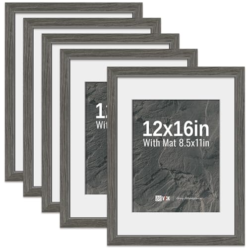 Image of VCK 12x16 Frame 5 Pack, Grey Wood, 8.5x11 Mat, Glass, for Photo Print