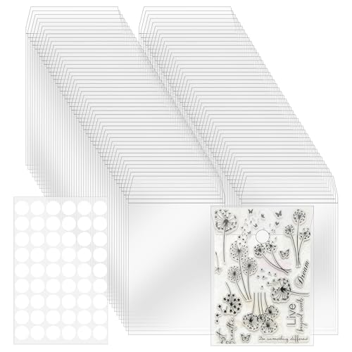 VOKOY 100 Pack 5X7 Clear Stamp and Die Storage Pockets Reusable Clear Plastic Sleeves with Stickers Sheet Protectors for Photos Postcards Sticker Art Prints Recipe Cards