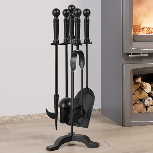Kingson Moderno juego de herramientas para chimenea de hierro fundido, cepillo, pala, póquer y pinzas, 19,5 x 17 x 46 cm, accesorios elegantes para quemador de leña y juego de compañero de chimenea