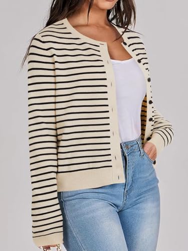 Image of LYANER Women's Striped Cardigan Crew Neck Button Down Open Front Long Sleeve Knit Cardigans Sweater