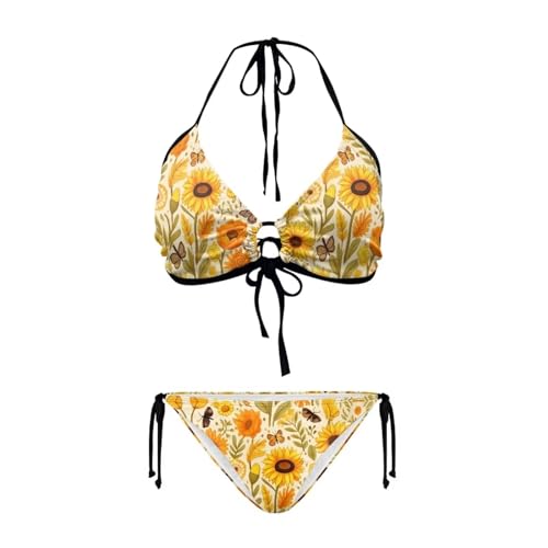 Flashideas Sunflower Butterfly Two Piece Swimsuit for Women Sexy Swimwear Halter String Triangle Bikini Sets Fashion Thong Swimsuit Bathing Suit Gifts for Friends and Sisters