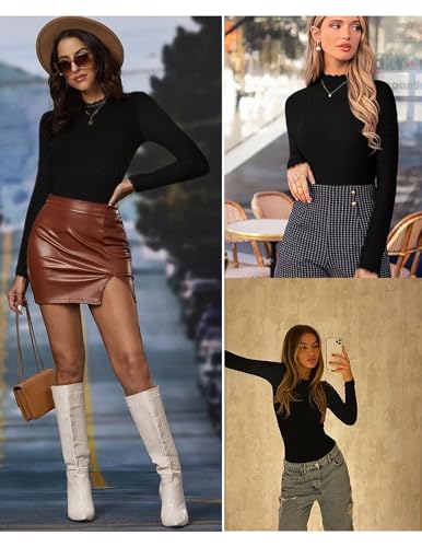 Ekouaer Turtleneck Shirt Women Ruffle Ribbed Long Sleeve Mock Neck Tops Slim Fit Lettuce Trim Base Layer 5