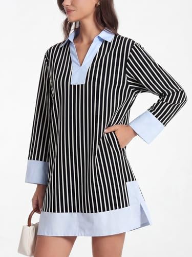 Image of Kedera Women's Summer Striped Dress Long Sleeve V Neck Collared Shirt Mini Dresses 2025 Trendy with Side Slit