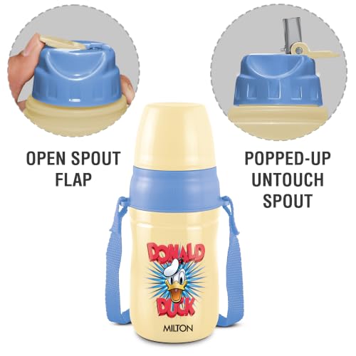 Image of MILTON Disney Kool Cheer 400 Plastic Insulated Thermo Water Bottle with Straw for School Kids I Food Grade, Leak Proof Lid with Hands Free Sipper, Easy to Carry Loop, Picnic, BPA Free, 390 ml, Beige