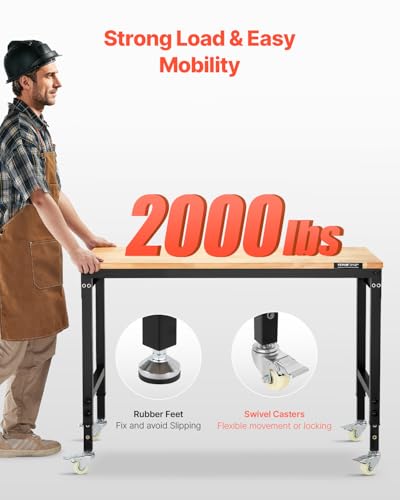 Image of VEVOR Adjustable Workbench, 48-Inch Work Bench with Power Outlet, Wheels, and Pegboard, 2000 lbs Load Heavy Duty Oak Wood Top Work Table for Garage, Workshop, Office, and Home