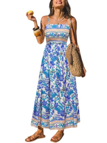 Image of CUPSHE Women Spaghetti Straps Boho Maxi Dress Summer Sleeveless Smocked Floral Beach Long Dress Flowy Cruise Vacation Outfits