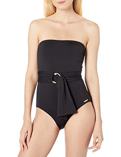 Vince Camuto Women's Bandeau One Piece Swimsuit with Wrap Detail, Tropic Tones Black, 4