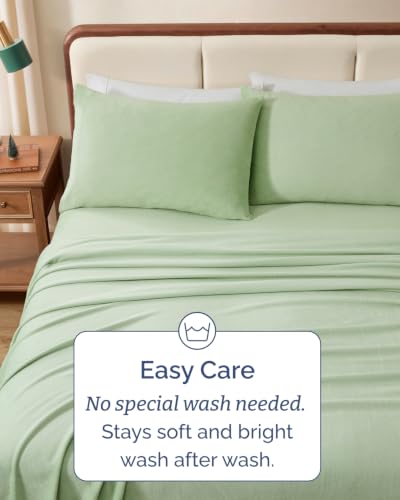 Image of Fleece Sheets Queen Size Set - 4-Piece Flannel Sheet Set - Sage Green
