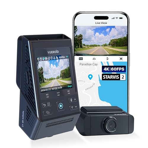 Vueroid S1 4K Infinite 2 Channel Dash Cam Front and Rear Car Camera, 4K, 2.5K Dash Camera for Cars, STARVIS 2, Night Vision, 24/7 Parking Mode, 5G WiFi GPS, Car Surveillance Camera