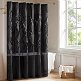 Madison Park Laurel Semi-Sheer Black Shower Curtain – Lightweight Faux Silk Fabric, 72x72 in, Light Filtering, Modern Style Bathroom Curtain Textured Tufting Detail Modern Mid-Century Bathroom Decor