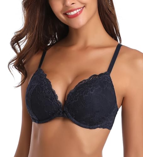 Image of Deyllo Women's Push Up Lace Bra Comfort Padded Underwire Bra Lift Up Add One Cup