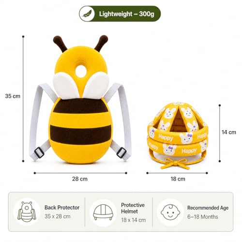 Image of GLUN Baby Back Protector with Head Protective Hat Combo Set, Cute Honey Bee Shape Soft Cushioning, Adjustable Shoulder Belt, Head Protection Gear for 6-18 Month Toddler Kids