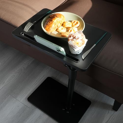 Image of YUHFERA Sofa Armrest Tray Table for Couch - 360 Swivel Height Adjustable End for Small Spaces, Snack Side Table for Bed or Chair with Phone & Tablet Slot (Black,Standard)