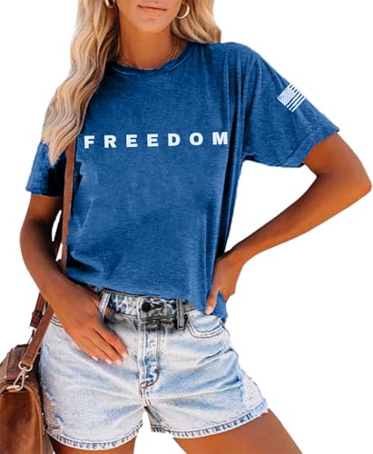 4th of July Shirts for Women Freedom T-Shirt American Flag Graphic Tees Patriotic Crewneck Short Sleeve Tops