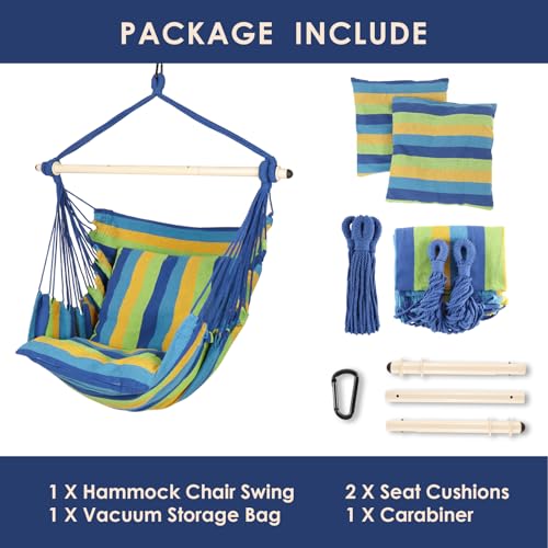 Image of Highwild Hammock Chair Hanging Rope Swing - Max 500 Lbs - 2 Cushions Included - Steel Spreader Bar with Anti-Slip Rings - for Any Indoor or Outdoor Spaces (Blue Striped)