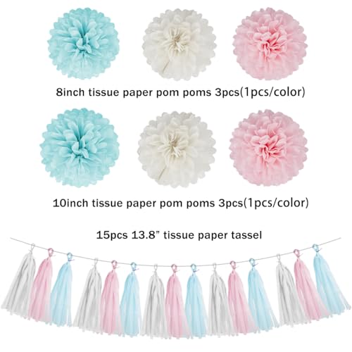 Image of Gender Reveal Decorations Blue Pink - 23pcs Tissue Paper Flowers Pom Poms Banner Tassel Garland Streamers Baby Gender Reveal Theme Decor White Birthday Hanging Decor Ideas Supplies