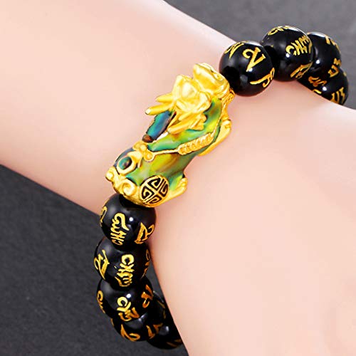 Baoblaze Feng Shui Obsidian Preto Esculpido Talão Pixiu Pulseira - Preto