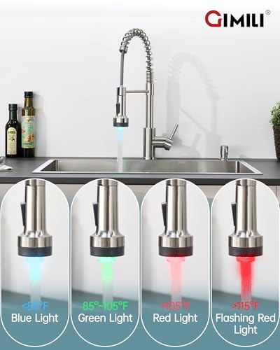 Image of GIMILI LED Kitchen Faucet with Soap Dispenser, Modern Single Handle Spring Kitchen Sink Faucets with Pull Down Sprayer