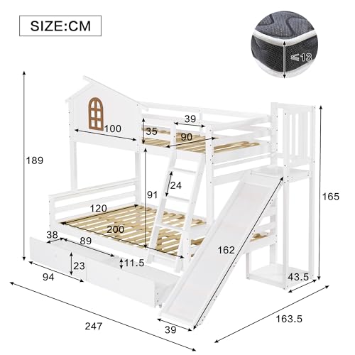 NADEUSAK Litera para niños y madres, 90 x 200 cm, 120 x 200 cm, marco de madera maciza con ventana, tobogán de cuatro niveles, dos cajones, color blanco, sin colchón - imagen 2
