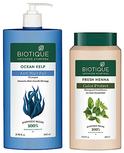 Biotique Bio Ocean Kelp Anti Hair Fall Shampoo Intenstive Hair Growth Therapy, 650ml & Biotique Fresh Henna Color Protect Shampoo & Conditioner, 340ml