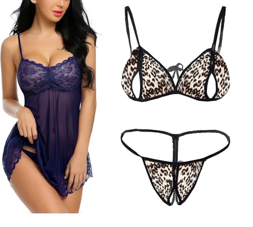 Image of SSoShHub Lace Babydoll Lingerie Sexy Mini Chemise Mesh Wedding Nightie Bridal Nightdress with Bikini