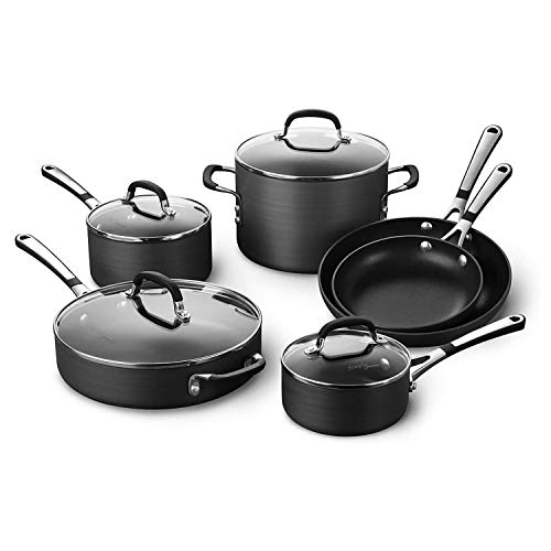 Calphalon 10-Piece Non-Stick Kitchen Cookware Set Black Pots & Pans with Stay-Cool Stainless Steel Handles Hard-Anodized Aluminum for Even Heating