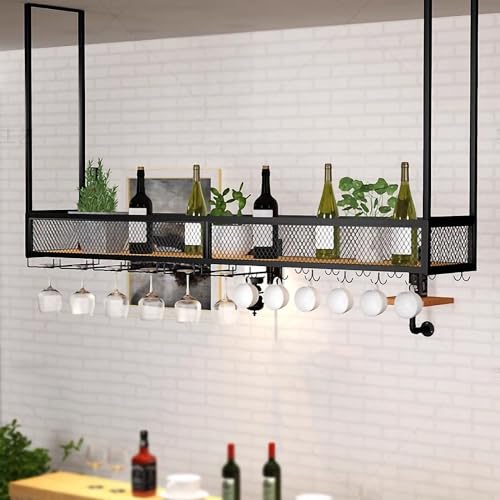 Porte-verres à vin suspendu avec support et étagère double rangement